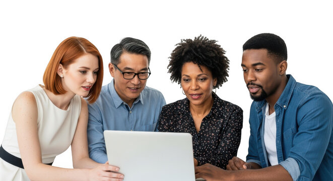 Diverse team collaborating looking at a laptop screen isolated on transparent background