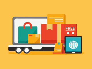 Online shopping promotion with laptop delivery symbol gift box and colorful retail packaging display