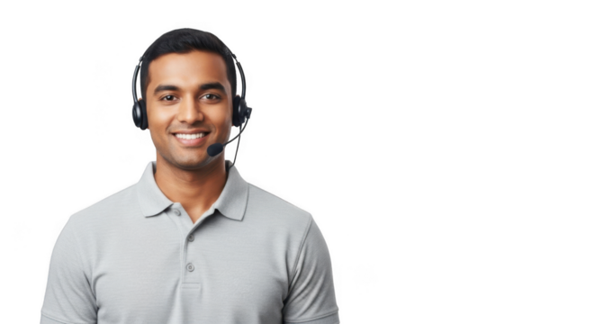 Smiling man wearing headset isolated on transparent background - Powered by Adobe