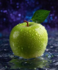 Fresh green apple with water droplets