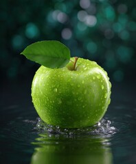 Green apple with water droplets