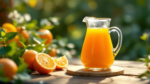 Glass jug with orange juice. 