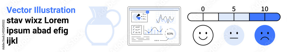 Poster graphs, data charts, and metrics for analytics accompanied by a satisfaction scale with happy, neutr