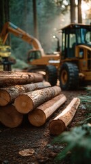 Atmospheric forestry operation with stacked timber logs in foreground and yellow heavy machinery working in misty forest at dawn, logging industry site