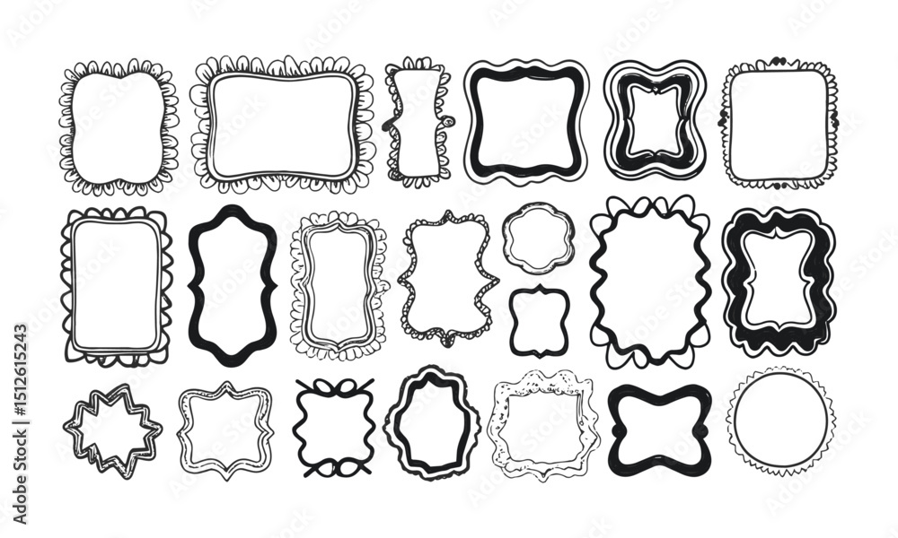 Poster a modern vector collection of hand-drawn rectangular frames with wavy,scalloped, and zigzag edges. e
