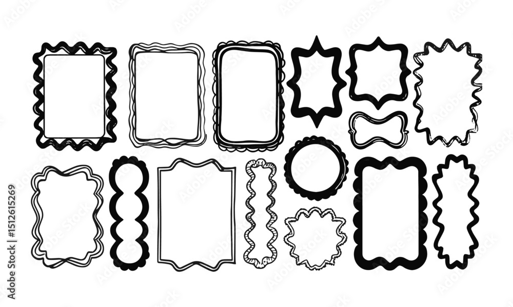 Poster a modern vector collection of hand-drawn rectangular frames with wavy,scalloped, and zigzag edges. e