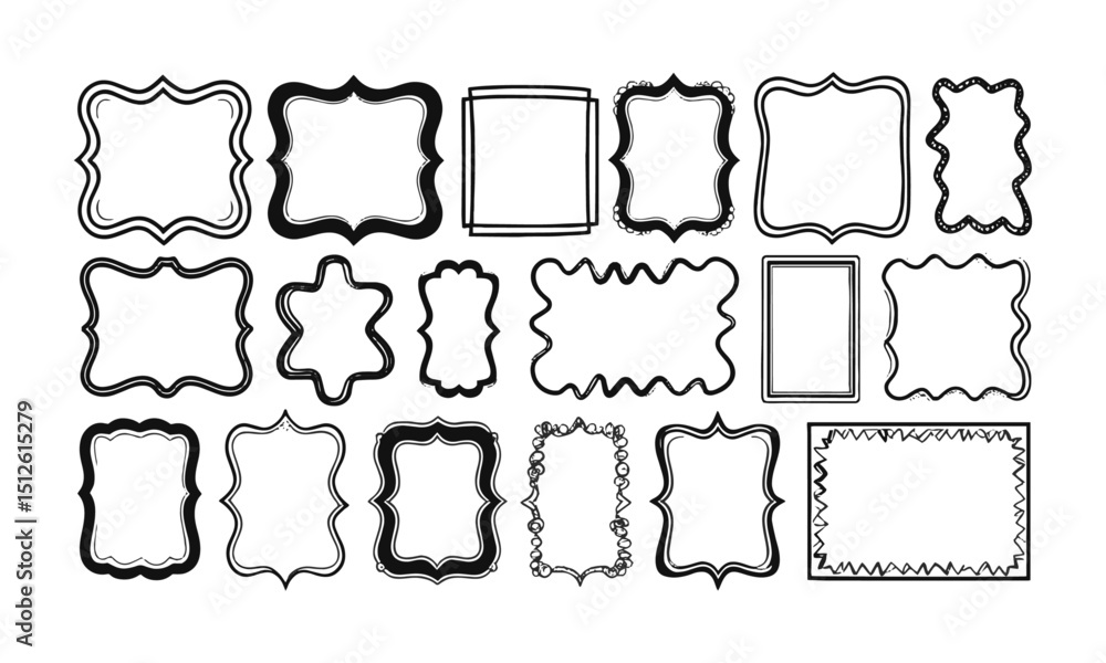 Poster a modern vector collection of hand-drawn rectangular frames with wavy,scalloped, and zigzag edges. e