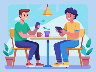 Friendly discussion over coffee between young man and woman using phones in modern setting