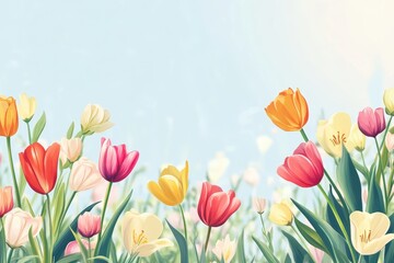 Vibrant Spring Blossoms Framing Blank Space for Text. Lively Flower Mockup for Seasonal Designs