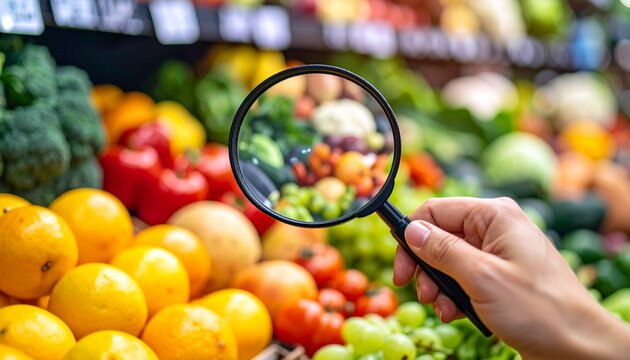 Researching the market for fruits and vegetables with a magnifying glass to focus on food finance - Powered by Adobe