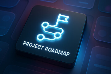 Glowing digital interface icon with project roadmap path and flag symbol, futuristic UI design concept for project planning, task management, and development tracking systems