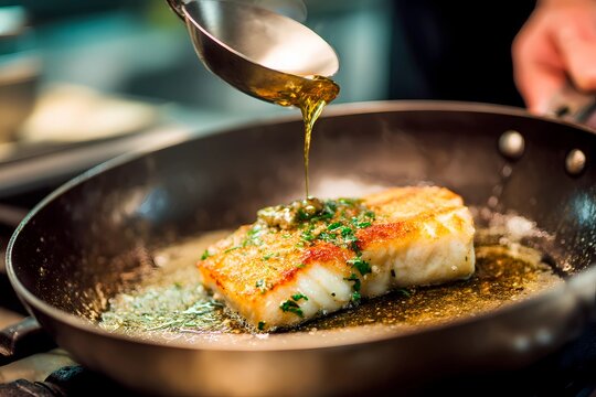 A chef pours a flavorful sauce over a perfectly seared fish fillet in a sleek kitchen. Fresh herbs and spices enhance the enticing aroma and visual appeal of the dish