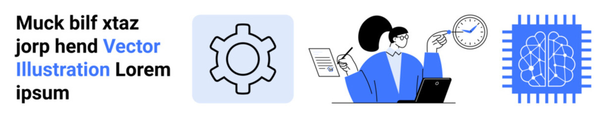 Gear symbol, professional reviewing documents, clock graph, AI chip symbolizing process, time management, technology, artificial intelligence, innovation productivity. Ideal for tech design work