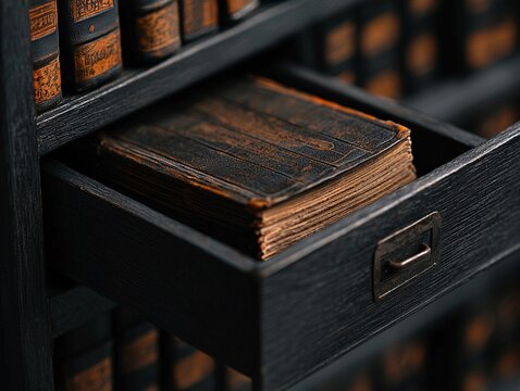 Antique Book in Dark Wooden Drawer