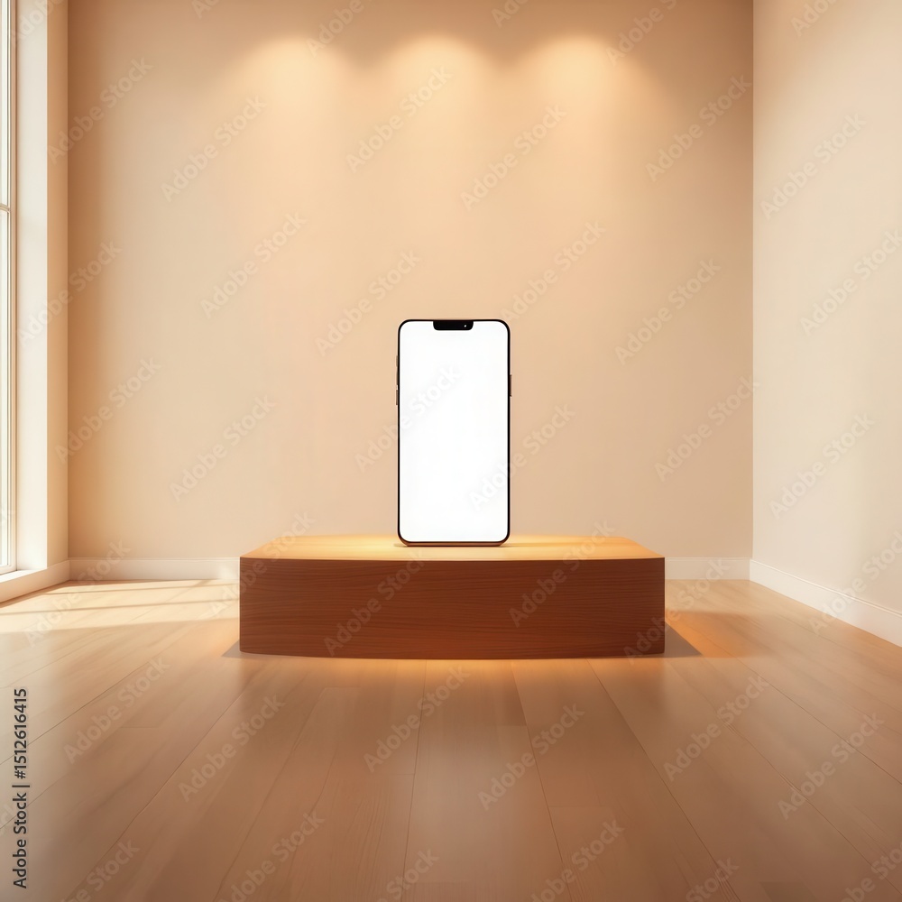 Poster smartphone on platform with blank screen, ready for content presentation in minimal studio setting.