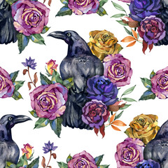 Raven birds in red roses. Halloween gothic seamless pattern with creepy birds and flowers in goth style. Watercolor spooky background for scary design