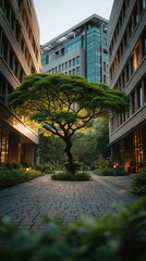 Serene urban courtyard with lush green tree centered between modern office buildings, featuring glass architecture, stone paving, and landscaped garden space in corporate business district
