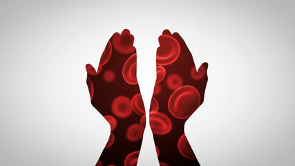 Silhouette of two hands filled with red blood cells. Blood donation and medical concept. World Blood Donor Day concept.