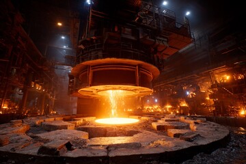 Bright molten metal cascades from a large furnace, filling a circular mold in a steel mill