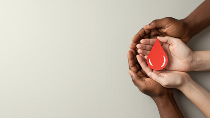 Diverse hands cupped together holding a red paper blood drop. Unity in donation concept banner. Copy space for text. World blood donor day.