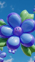 Kawaii Inflatable Flower with Emoticons Floating in Blue Sky