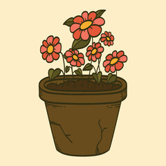 Colorful vector Illustration of wildflowers in an old pot
