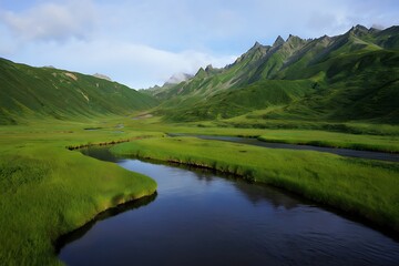 Serene River Winding Through Lush Green Valley and Majestic Mountains