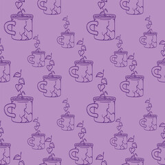 Colorful outline seamless vector pattern with plants and flowers