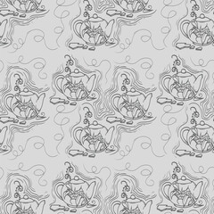 Colorful outline seamless vector pattern with plants and flowers