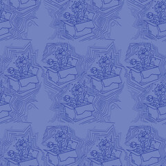 Colorful outline seamless vector pattern with plants and flowers