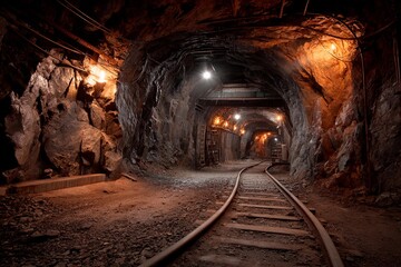 Naklejka premium Rustic mine tunnels are illuminated by warm lights, casting shadows on rough stone walls. Old tracks run through the space, suggesting past activity and exploration