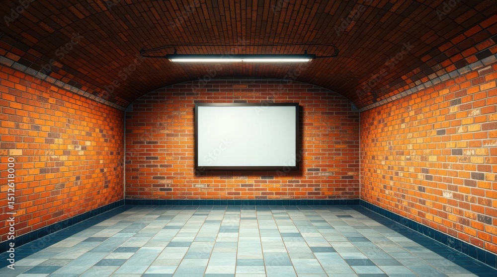Poster brick tunnel with tiled floor leading to an empty blank board, lit by fluorescent light.