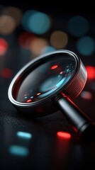 Dramatic close-up of metallic magnifying glass with colorful bokeh lights reflecting on lens surface against dark textured background, symbolizing search, investigation, and discovery in digital or