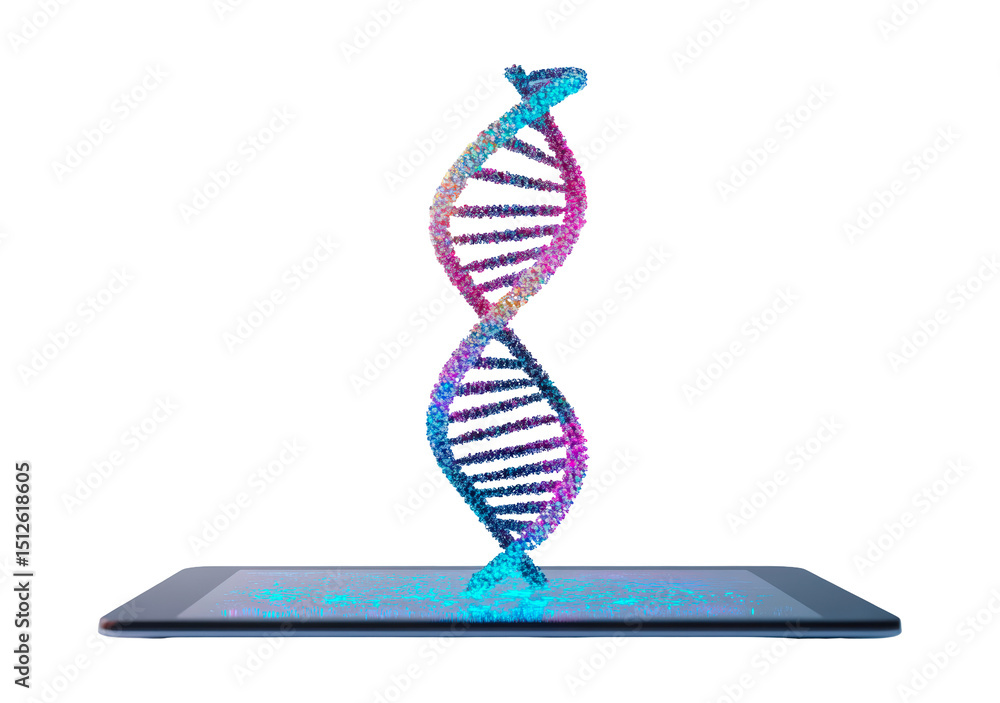 Poster digital representation of dna structure emerging from a tablet device on transparent background, png
