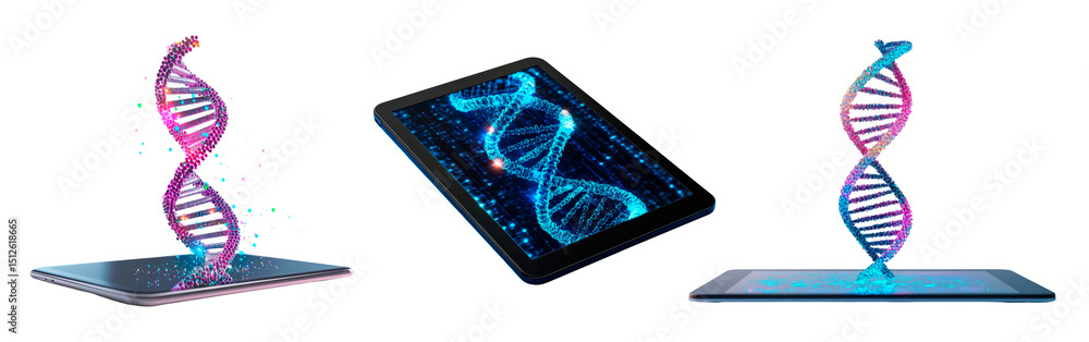 Poster set of 3d dna helix displayed above a tablet screen with vibrant colors illustrating genetic science