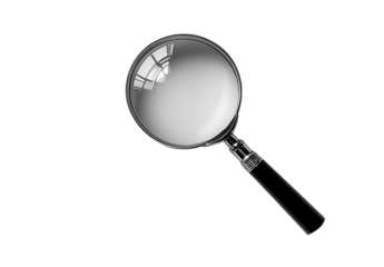 Realistic photograph of a complete magnifying glass, isolated on a solid, stark white background with focused 