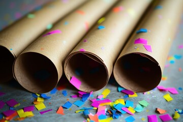 Colorful confetti spills from paper rolls arranged in a playful display on a textured surface ready for celebration