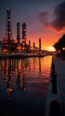 Dramatic oil refinery illuminated at sunset with golden light reflecting on waterfront canal, industrial towers and smokestacks against vibrant orange sky, urban waterway promenade