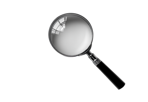 Realistic photograph of a complete magnifying glass, isolated on a solid, stark white background with focused 
