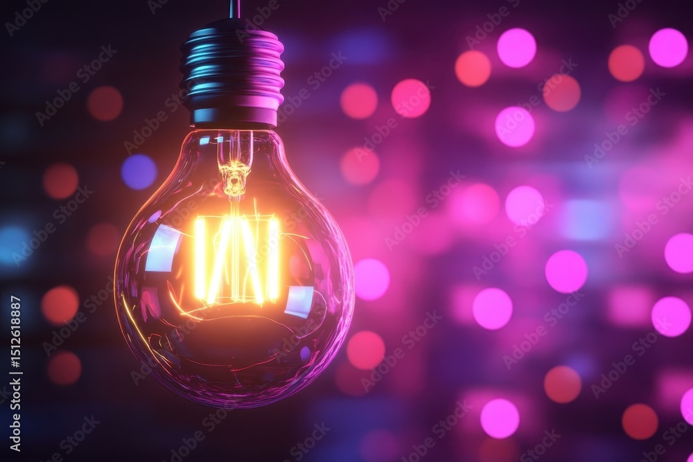 Poster vibrant neon light bulb glowing against a backdrop of colorful bokeh lights, creating an eye-catchin