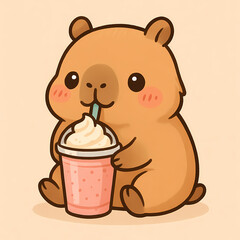 Cute Kawaii Capybara Drinking a Frappé