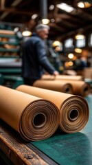 Focused craftsman working with paper rolls in traditional manufacturing workshop with warm lighting and rustic wooden interior