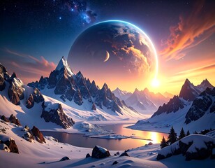 Snowy mountain landscape, alien sun