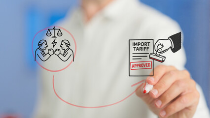 Businessman sketching a diagram that links a legal dispute involving two lawyers and a scale to an approved import tariff document receiving a stamp of approval