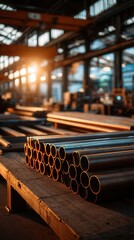 Atmospheric golden sunlight illuminating stacked metal pipes in industrial warehouse, steel manufacturing facility with sunbeams streaming through windows, metalworking factory interior with