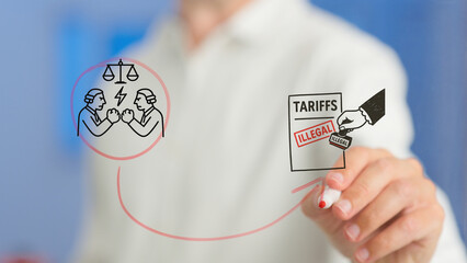 Businessman illustrating the concept of illegal tariffs with a red marker, while two lawyers engage...