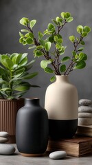 Serene modern home decor with vibrant green plants in contemporary vases against dark gray background, minimalist zen arrangement with stacked stones and wooden elements, free copy space for text