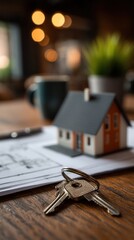 Cozy real estate concept with house keys on wooden table next to miniature home model, floor plans, coffee mug and potted plant with warm bokeh lighting in home office setting