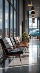 Modern airport terminal waiting area with mid-century leather chairs beside floor-to-ceiling windows overlooking airplane on tarmac, contemporary pendant lighting illuminating polished corridor