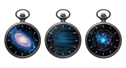 Three pocket watches displaying a galaxy, computer code, and a glowing circular design respectively
